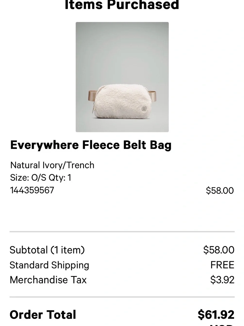 NWT Lululemon Everywhere Fleece Belt Bag Natural Ivory/Trench Silver Hardware